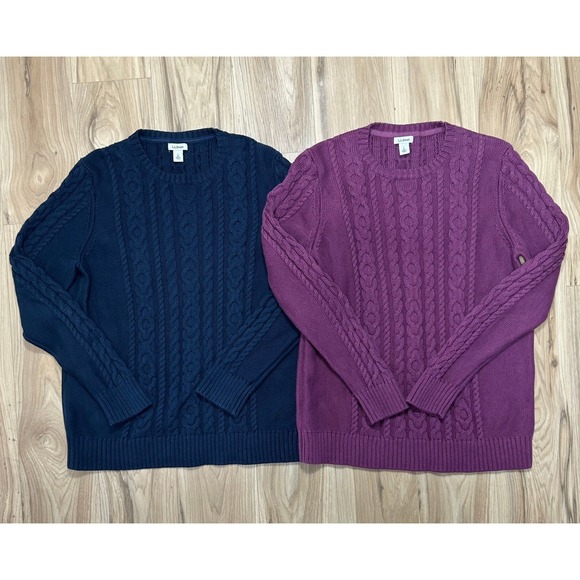 L.L.Bean Sweaters - L.L.Bean Fisherman Cable Knit Sweater SET/2 Womens L Crewneck Navy Purple Cotton